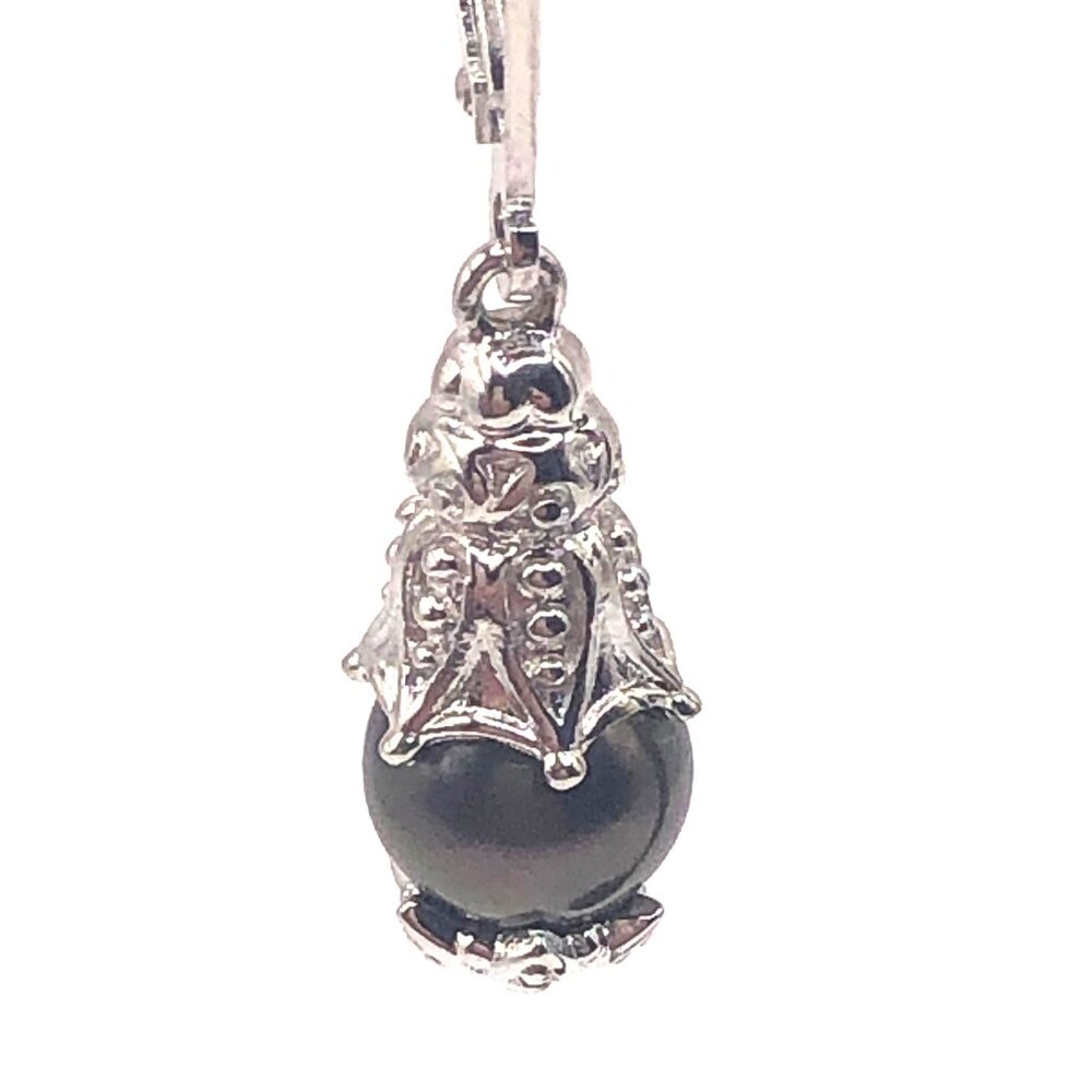 925 Sterling Silver Black Bead Drop Earrings Gothic Victorian Inspired Leverback